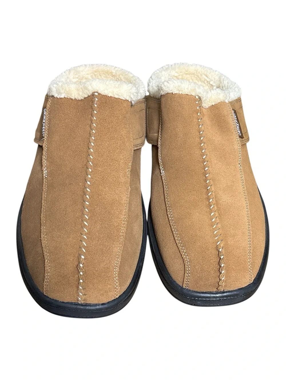 Orthofeet Asheville Men’s Orthopedic Tan Suede Faux Fur-Lined Slip-On Slippers